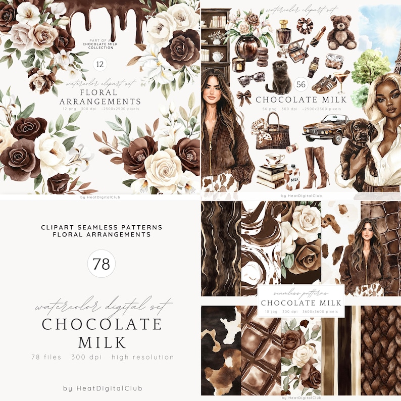 Watercolor Chocolate Milk Clipart Bundle, Floral Arrangements (Digital Download) image 1