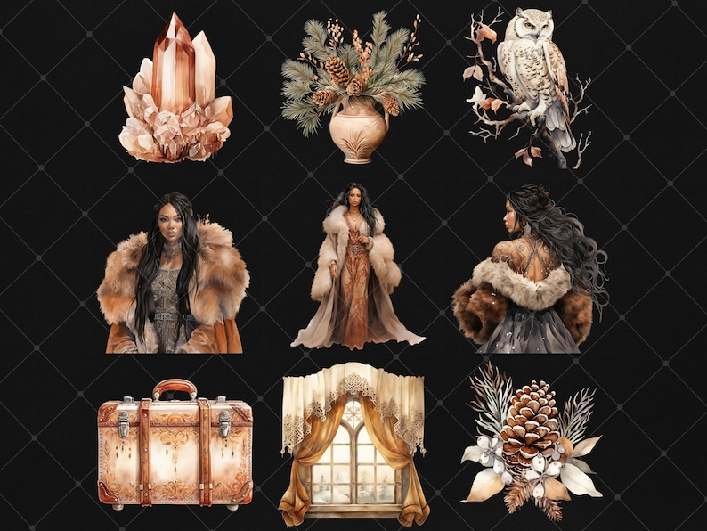 May include: A digital illustration set featuring a variety of winter-themed elements, including a crystal, a vase with pine branches and pine cones, an owl perched on a branch, a woman in a fur-trimmed coat, a vintage suitcase, a window with curtains, and a pine cone with pine needles and berries.