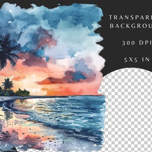 May include: Watercolor painting of a tropical beach scene with palm trees, a sunset sky, and blue ocean waves. The painting has a soft, dreamy feel and is perfect for adding a touch of nature to your home decor.