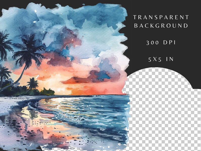 May include: Watercolor painting of a tropical beach scene with palm trees, a sunset sky, and blue ocean waves. The painting has a soft, dreamy feel and is perfect for adding a touch of nature to your home decor.