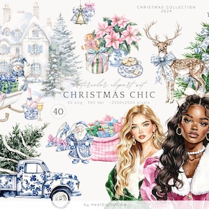 Aquarelle Noël grand millénaire ClipArt, chinoiseries Clip Art, graphiques PNG vintage, vacances des cliparts, Images festives, téléchargement numérique