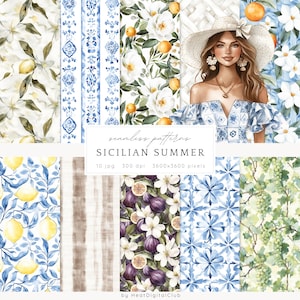 Peut inclure: Un ensemble de 10 motifs numériques sans couture présentant des illustrations à l'aquarelle de citrons, d'oranges, de figues, de fleurs et de motifs de carreaux bleus et blancs. Les motifs mesurent 3600x3600 pixels et 300 dpi. Le texte "Motifs sans couture Eté sicilien" est au centre de l'image.