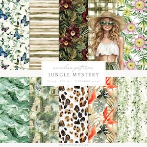 May include: A set of 10 digital seamless patterns featuring jungle-themed designs. The patterns include butterflies, flowers, leaves, animal prints, and a woman wearing a hat and sunglasses. The patterns are 3600x3600 pixels and 300 dpi.