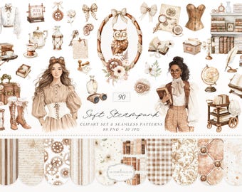 Soft Steampunk Clipart Set, Victorian Library Elements, Feminine PNG Patterns (Digital Download)