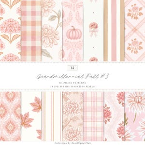 Può includere: Una collezione di 14 motivi digitali senza cuciture con tavolozze di colori rosa tenue e crema. I design includono motivi floreali, zucche, plaid, strisce e foglie autunnali. Testo: 14 Grandmillennial Fall #3 SEAMLESS PATTERNS 14 JPG 300 DPI 3600X3600 PIXELS.