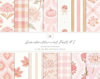 Watercolor Grandmillennial Fall 3 Seamless Patterns, Pink Autumn Floral Tile, Stripes, Plaid (Digital Download)