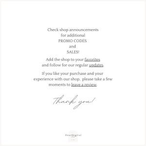 May include: A white background with black text. The text reads: Check shop announcements for additional PROMO CODES and SALES! Add the shop to your favorites and follow for regular updates. Thank you!