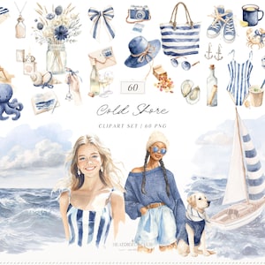 Puede incluir: Conjunto de imágenes prediseñadas de acuarela con ilustraciones de playa y náuticas. Incluye una sombrilla a rayas, una silla, un bolso de mano, un traje de baño y un velero. También está presente el texto "Cold Shore".