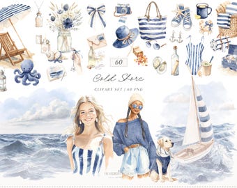 Watercolor Cold Shore  Clipart, Navy Coastal Girls PNG, Summer Beach Clipart, Nautical Graphics, Blue Sea Fashion PNG Set, Digital Download