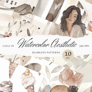 May include: A set of 10 watercolor aesthetic seamless patterns in a neutral color palette. The patterns feature various elements, including flowers, leaves, ice cream cones, and abstract shapes. The patterns are 12x12 inches and 300 DPI.
