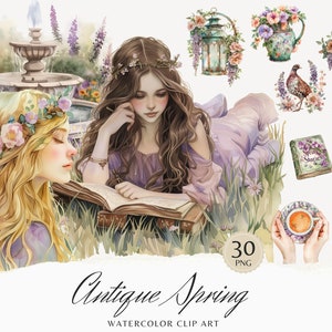 Clipart printanier antique aquarelle, clipart printanier douillet, graphiques floraux, printemps mignon, fleurs, saisonnier, fille aquarelle, autocollants numériques