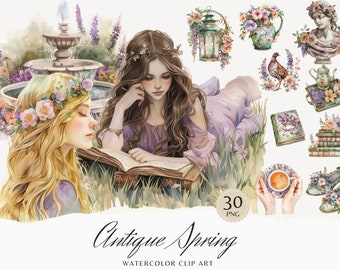 Watercolor Antique Spring Clipart, Cozy Spring Clip Art, Floral graphics, Cute Spring, flowers, seasonal, watercolor girl, digital stickers