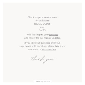 May include: Text graphic with the message "Check shop announcements for additional PROMO CODES and SALES! Add the shop to your favorites and follow for our regular updates. If you like your purchase and your experience with our shop, please take a few moments to leave a review. Thank you!"  The text is in a handwritten font and the words "PROMO CODES", "SALES", "favorites", "updates", and "leave a review" are underlined.