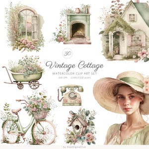 30 Watercolor Vintage Cottage Life Items Clip Art, Cottagecore Clipart , Cottage living, farm life, countryside, vintage living, Clipart PNG
