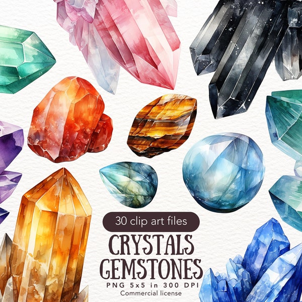 Watercolor Crystals Gemstones Clip Art, Crystals and Minerals PNG Bundle, Digital Download Transparent, Crystal Clip Art, Commercial Use