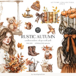 Pacote de clipart rústico de outono em aquarela, clipart de outono PNG, imagens neutras e aconchegantes de outono, cottagecore, abóbora, download digital, uso comercial