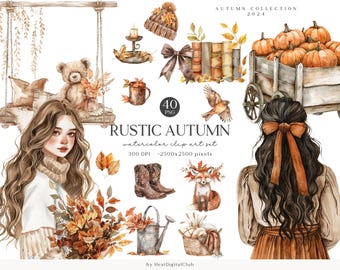 Watercolor Rustic Autumn Clipart Bundle, Fall ClipArt PNG, Neutral Cozy Fall Images, Cottagecore, Pumpkin, Digital Download, Commercial Use