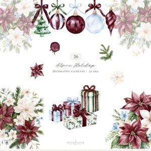 May include: A digital collection of 26 watercolor holiday illustrations featuring hanging Christmas ornaments, poinsettia floral arrangements, wrapped gift boxes, and pine sprigs. The text reads 26 Alpine Holidays DECORATIVE ELEMENTS | 26 PNG.