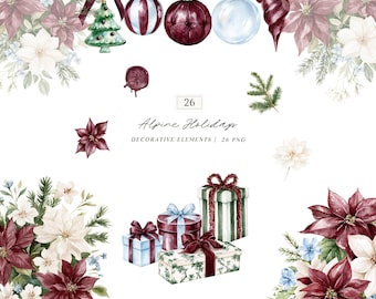 Watercolor Christmas Floral Arrangements Clipart, Alpine Holidays Poinsettia Ornament PNG Collection (Digital Download)