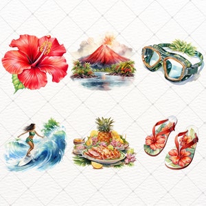 May include: Watercolour illustrations of tropical themes. A red hibiscus flower, a volcano, a pair of diving goggles, a surfer on a wave, a plate of food with pineapple, and a pair of flip-flops with hibiscus flowers.