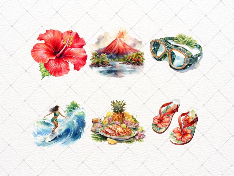 May include: Watercolour illustrations of tropical themes. A red hibiscus flower, a volcano, a pair of diving goggles, a surfer on a wave, a plate of food with pineapple, and a pair of flip-flops with hibiscus flowers.