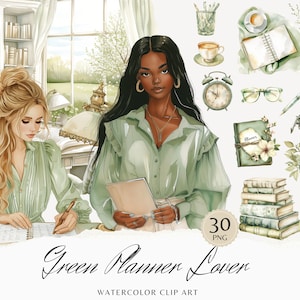 Clipart amante del planner verde acquerello, Clip art del planner, Pacchetto PNG della ragazza del planner, Pianificazione accogliente, Rustico, Uso commerciale, Adesivi digitali