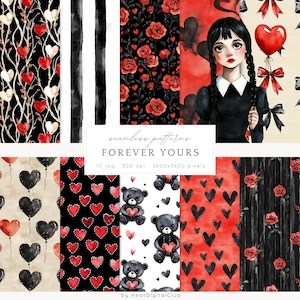 Op de afbeelding: Een set van 10 digitale naadloze patronen met harten, rozen, beren en een meisje met een hartballon. De patronen zijn in zwart, wit, rood en roze. De tekst "FOREVER YOURS" staat in het midden van de afbeelding.