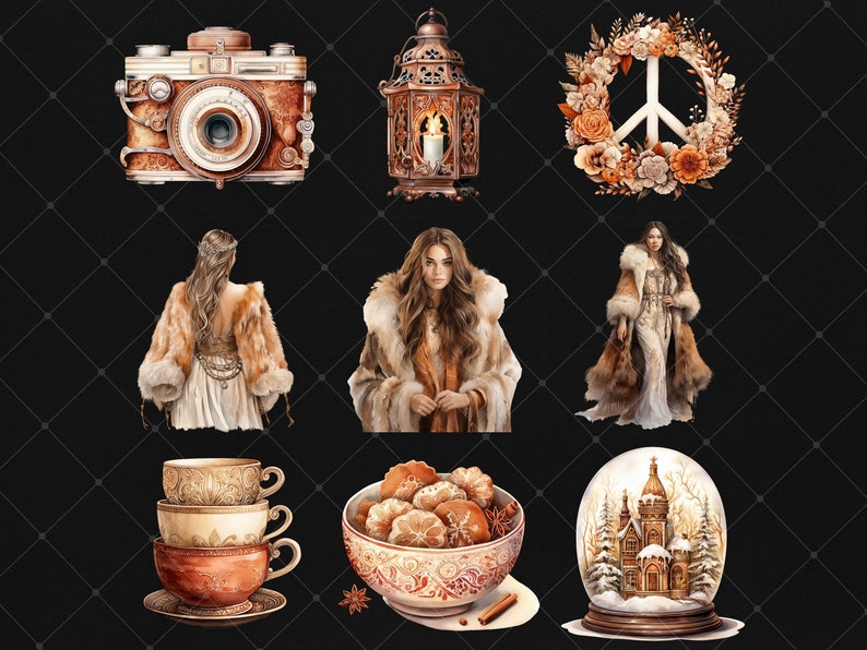 May include: A collection of digital illustrations featuring a vintage camera, a lantern, a peace sign wreath, a woman in a fur coat, a woman in a white dress with a fur shawl, a stack of teacups, a bowl of gingerbread cookies, and a snow globe with a church inside.