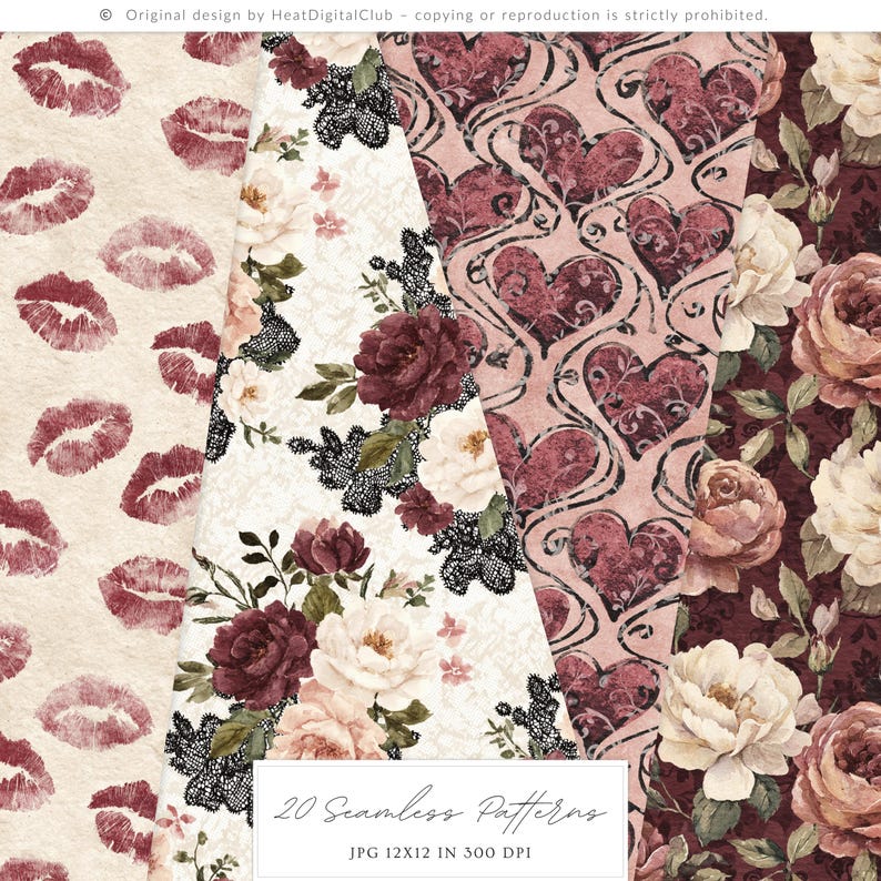Watercolor Dark Romance Seamless Patterns, Gothic Valentine Digital ...