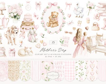 Watercolor Mothers Day Clipart, Mom and Baby PNG, Animals, Soft Pink Clipart, Love you Mom PNG, Floral Baby Set, Feminine Digital Download