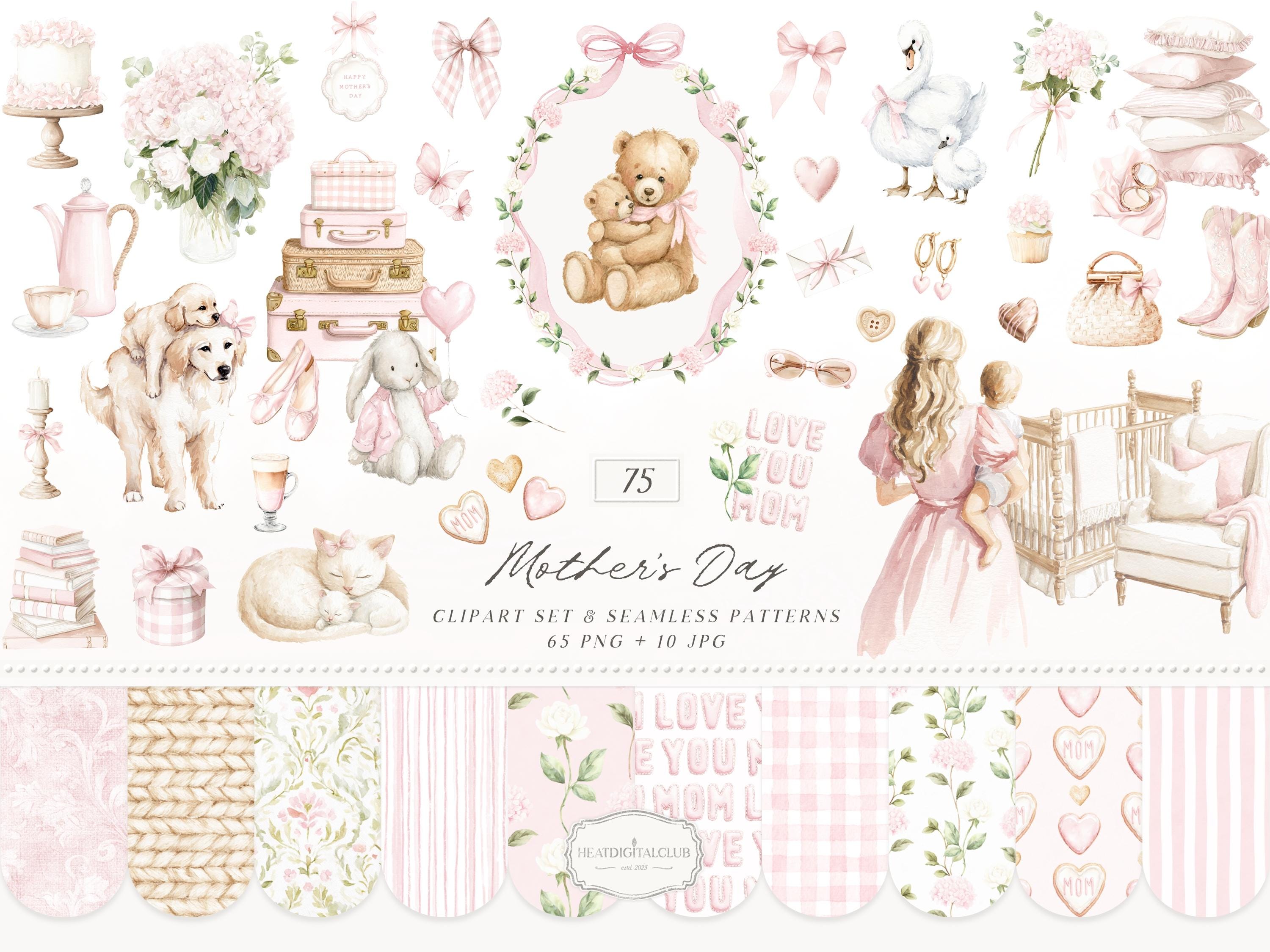 Watercolor Mothers Day Clipart, Mom and Baby PNG, Animals, Soft Pink ...
