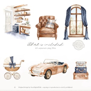 May include: Watercolor illustrations of a classic interior scene, including a brown leather armchair with a plaid pillow, a vintage car, a baby carriage, and a window with blue curtains. The image also includes a kitchen scene and luggage.