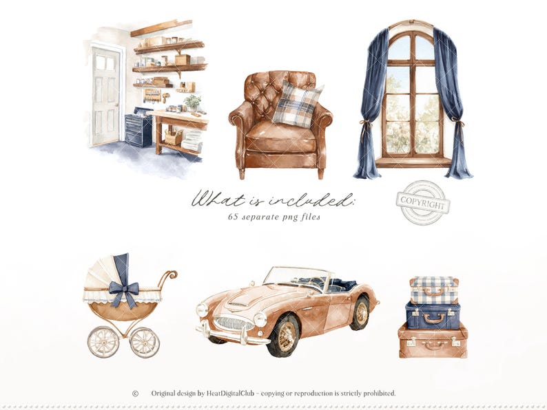 May include: Watercolor illustrations of a classic interior scene, including a brown leather armchair with a plaid pillow, a vintage car, a baby carriage, and a window with blue curtains. The image also includes a kitchen scene and luggage.