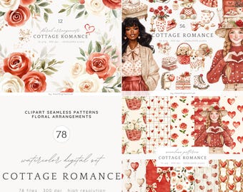 Watercolor Valentines Day Clipart Bundle,Cottage Romance Romantic Clip Art PNG, Love Clipart, Digital Download Stickers, Commercial Use