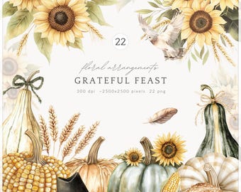 Imágenes prediseñadas de Acción de Gracias en acuarela: arreglos florales de girasoles, calabazas y trigo (descarga digital).