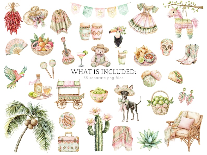 Watercolor Viva Mexico Clipart Bundle, Cinco de Mayo, Mexico Clip Art, Pinata, Mexican party, Cactus, Tequila, Guitar, Fiesta, Sombrero image 4