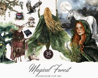 Watercolor Magical Forest Clipart, Wiccan Woodland PNG (Digital Download)