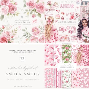 Watercolor Valentines Day Clipart Bundle, Romantic Clip Art PNG, Amour, Love, Balloons Clipart, Digital Download Stickers, Commercial Use