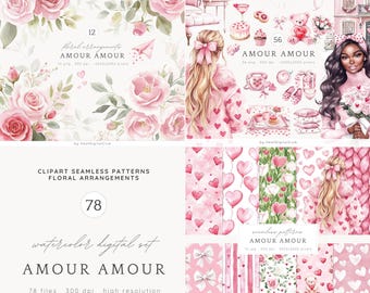 May include: A watercolor digital set of 78 files featuring floral arrangements, seamless patterns, and illustrations. The set includes pink roses, hearts, bows, and a girl with blonde hair. The text "AMOUR AMOUR" is featured in the image. The set is 300 dpi and high resolution.