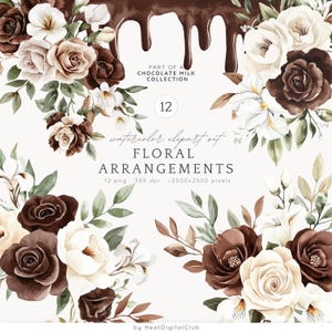 Aquarel bruin crème bloemstuk ClipArt, elegante boeketten Clip Art bundel, Boho Florals PNG, botanische illustraties, digitale download