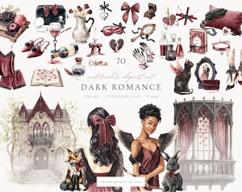 May include: Watercolor clipart set titled "DARK ROMANCE" featuring various gothic-themed illustrations. Includes a house, a fox, a black cat with wings, a woman with a bow, and other romantic elements. The set contains 70 PNG files at 300 dpi, approximately 2500x2500 pixels.