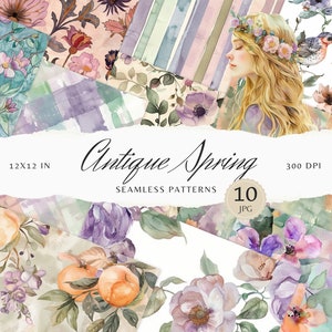 May include: A set of 10 digital seamless patterns featuring watercolor floral designs in shades of purple, pink, green, and peach. The patterns are 12x12 inches and 300 DPI. The text "Antique Spring" is displayed in a decorative font.