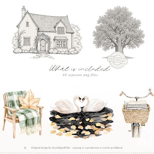 May include: Watercolor illustrations of a house, tree, chair with blanket and pillow, swans, and a bicycle with a basket. The text "What is included: 60 separate png files" is also present. The images have a vintage, autumn theme.