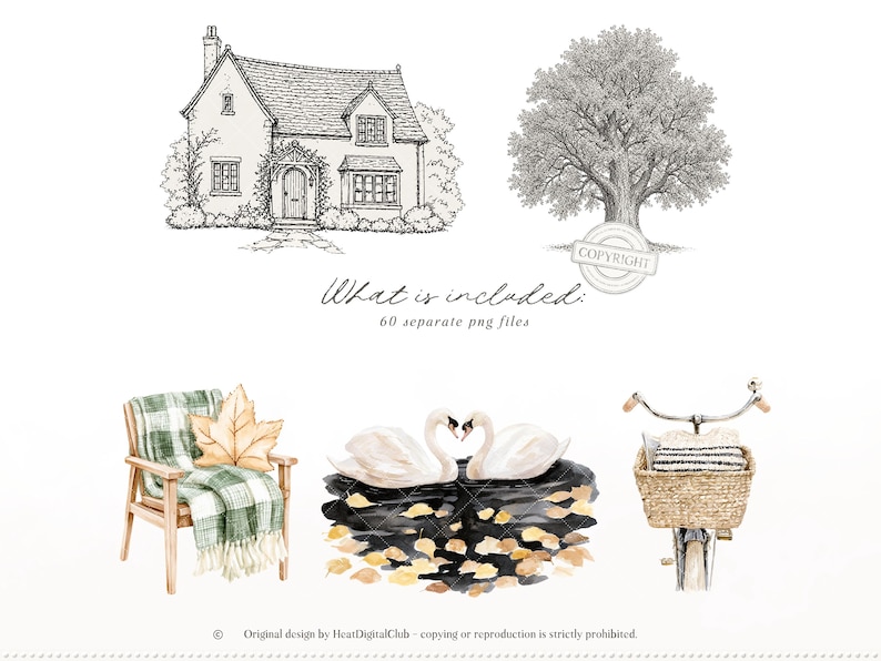 May include: Watercolor illustrations of a house, tree, chair with blanket and pillow, swans, and a bicycle with a basket. The text "What is included: 60 separate png files" is also present. The images have a vintage, autumn theme.