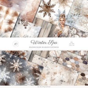 Seamless Watercolor Pastel Winter Patterns, Cozy Floral Snowflakes Digital Download JPEG, Repeating Pattern Digital Papers Scrapbooking