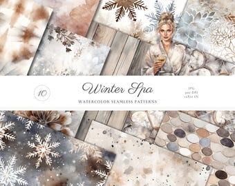 Motivi invernali pastello ad acquerello senza soluzione di continuità, accoglienti fiocchi di neve floreali da scaricare in formato digitale JPEG, motivi ripetuti, carte digitali per scrapbooking