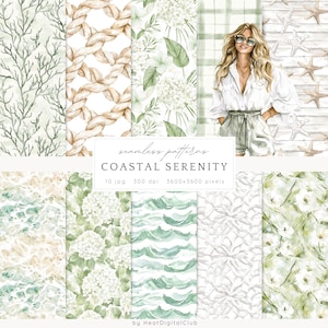 Può includere: Un set di 10 motivi digitali senza cuciture che presentano illustrazioni ad acquerello di conchiglie, stelle marine, corde, onde, ortensie e rami. I motivi sono in tonalità di verde, blu e bianco. Il testo "seamless patterns COASTAL SERENITY 10 jpg 300 dpi 3600x3600 pixels by HeatDigitalClub" è in fondo all'immagine.