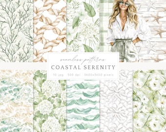 Watercolor Coastal Serenity Seamless Patterns, Beach Pattern JPEG, Neutral Summer Beach  Digital Download, Repeating pattern Scrapbook Paper