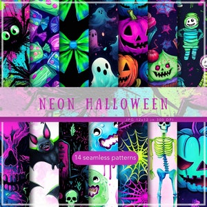Seamless Cute Neon Halloween Patterns, Spooky Neon Textures JPEG, Watercolor Digital Download, Repeating Pattern, Digital Scrapbook Paper