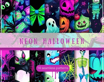 Nahtlose niedliche Neon-Halloween-Muster, gruselige Neon-Texturen JPEG, Aquarell digitaler Download, sich wiederholendes Muster, digitales Scrapbook-Papier